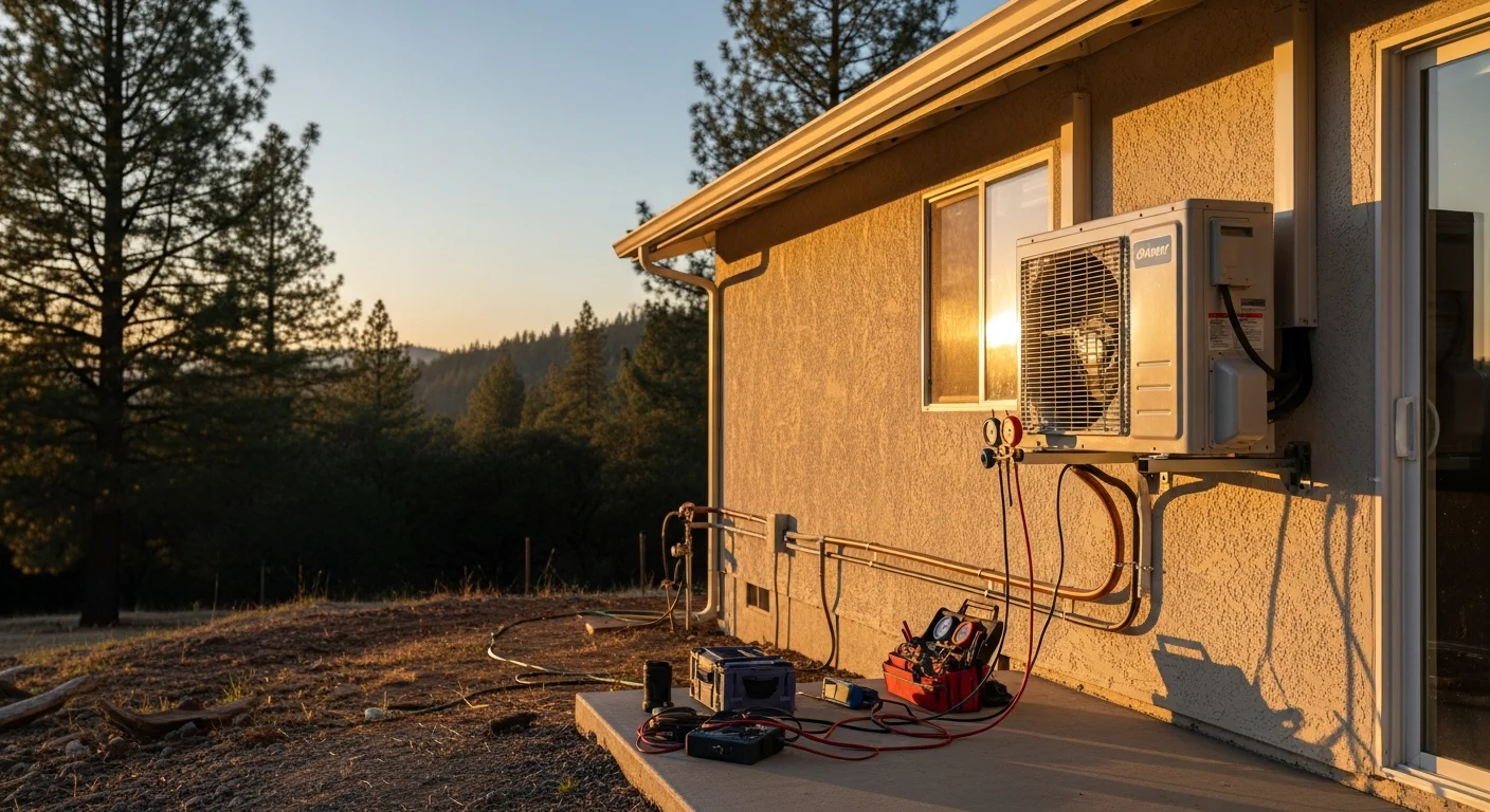 HVAC technician performing air conditioning repair on residential unit