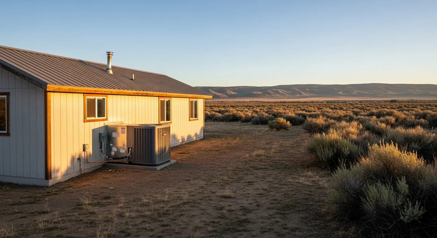 Wide view of a rural Lassen County home with desert landscape and sparse vegetation under clear sky.