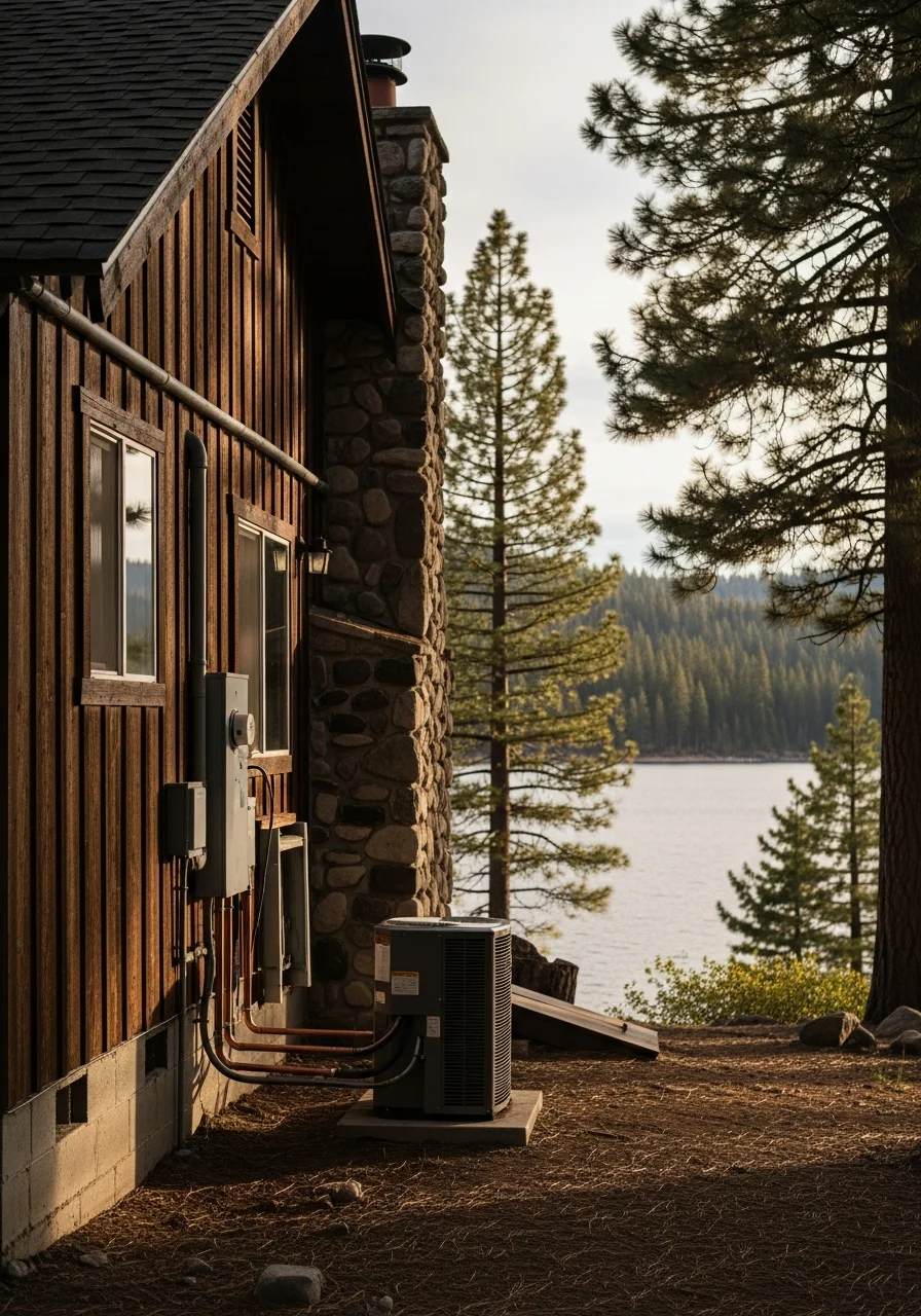 Lake Almanor cabin or home exterior with water view and natural setting.