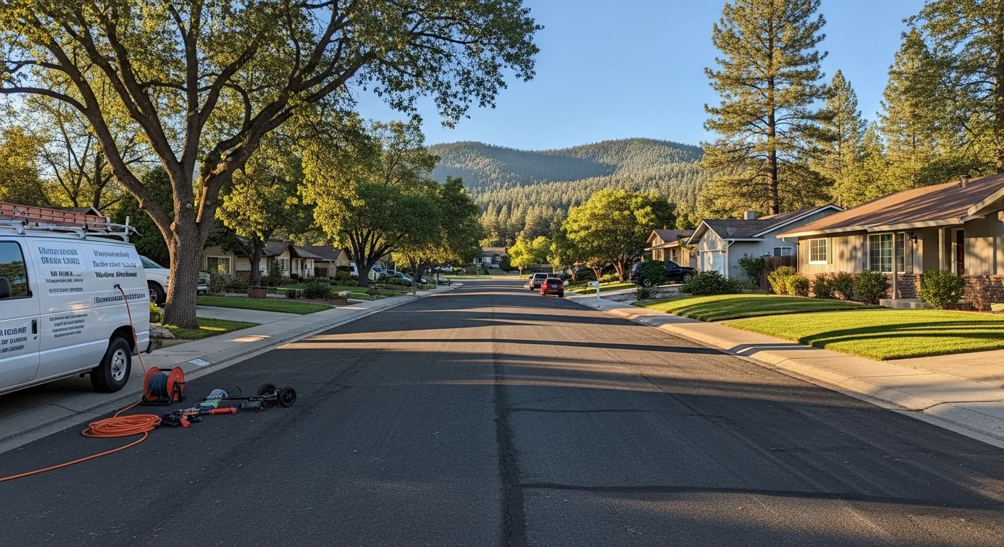 Susanville residential street with mixed-era homes, mature trees, and Sierra foothills in the background.