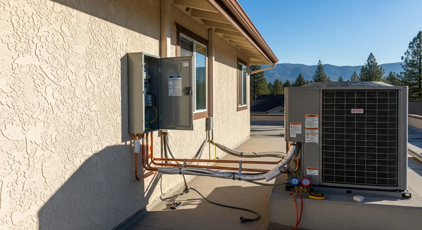 A newly installed central air conditioning condenser unit positioned on a gravel pad beside a single-story residential home in Doyle, California. The unit sits against a clear blue sky with dry, open Lassen County terrain visible in the background.