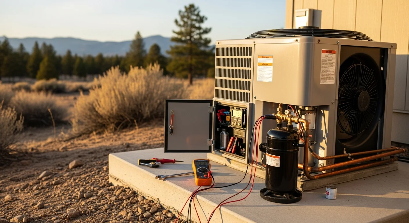 An HVAC technician inspecting the outdoor condenser unit of a residential air conditioning system at a single-family home in Doyle, California. The high desert landscape and clear summer sky are visible in the background.