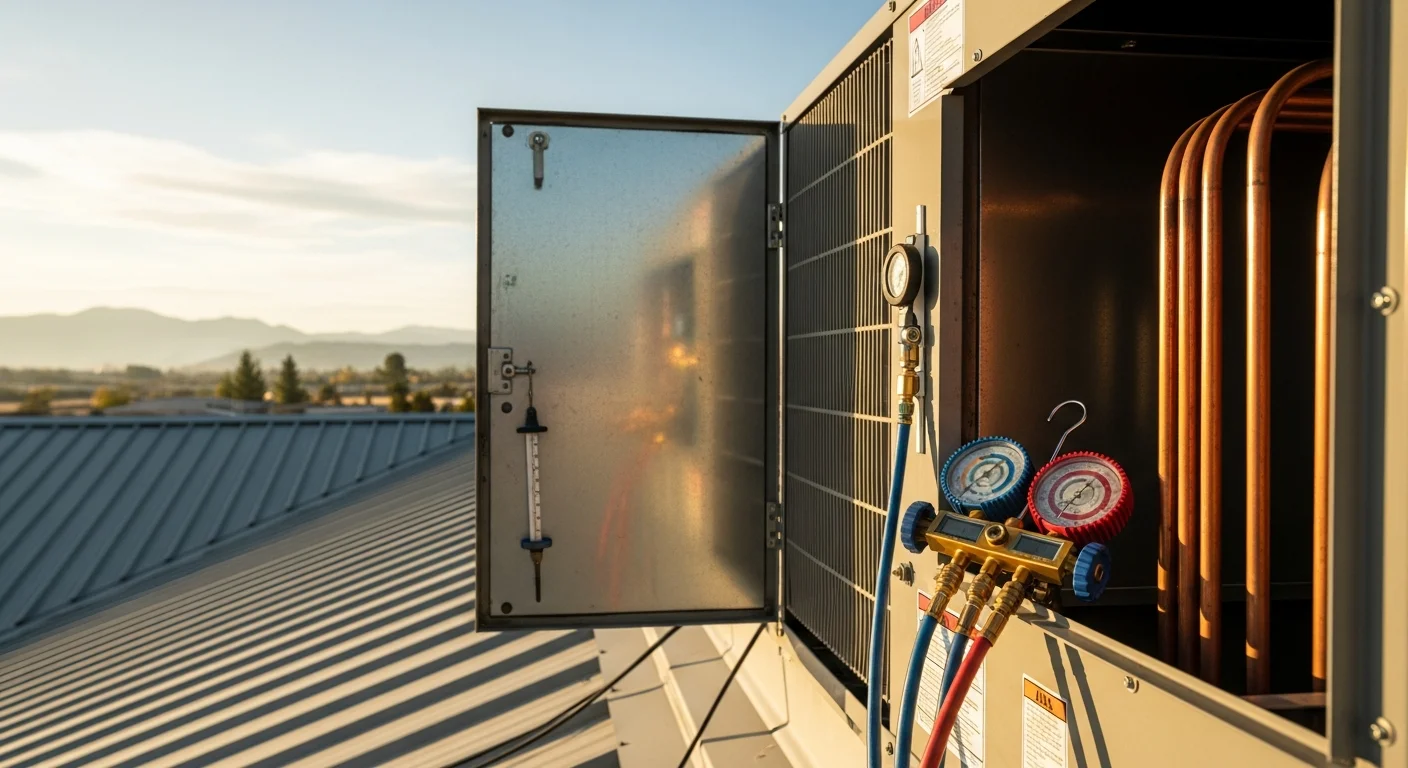 A commercial rooftop air conditioning unit being inspected by an HVAC technician at a small business property in Doyle, California. The high-elevation rural landscape of Lassen County is visible in the background.