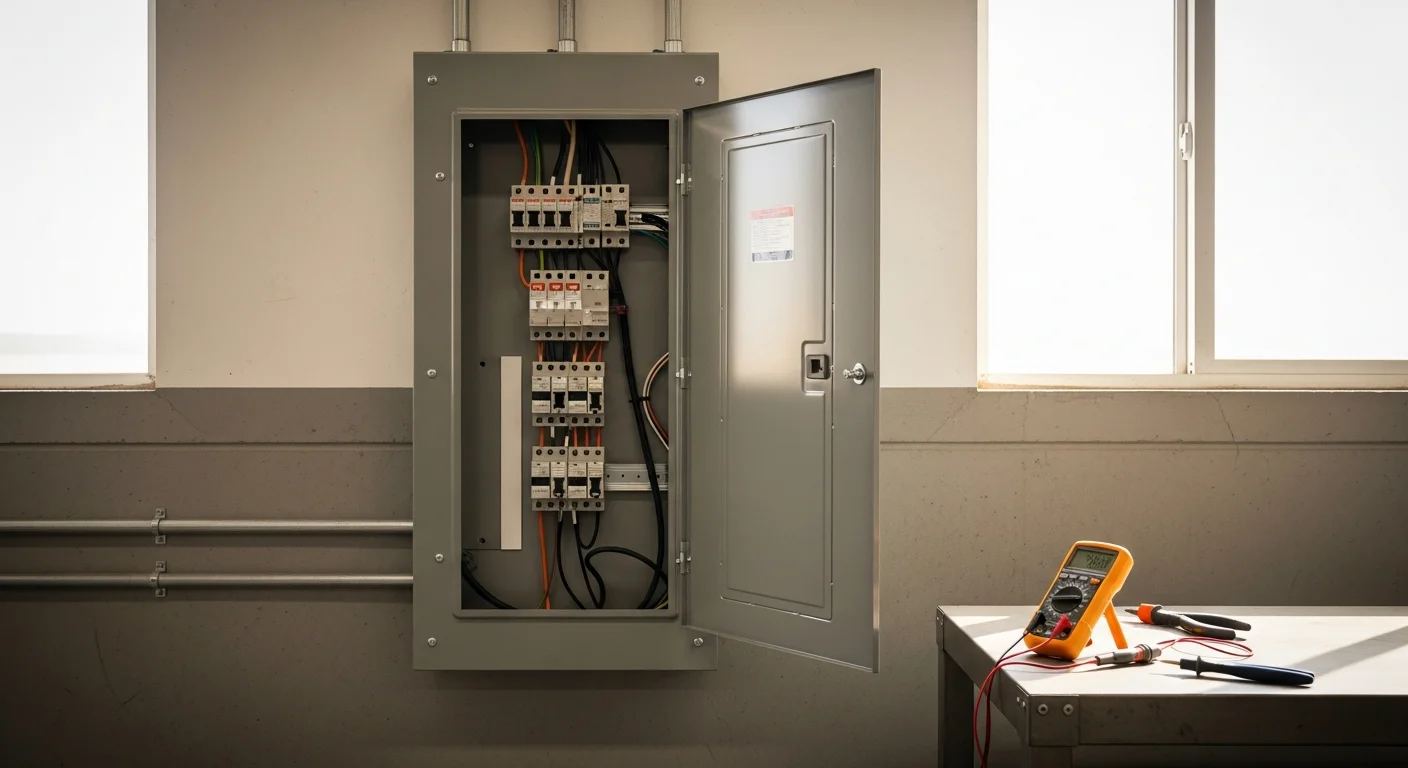 A licensed electrician from Advanced Comfort Control, Inc. inspecting a commercial electrical panel inside a business property in Doyle, California. The panel shows clearly labeled circuit breakers in a rural Lassen County commercial building.