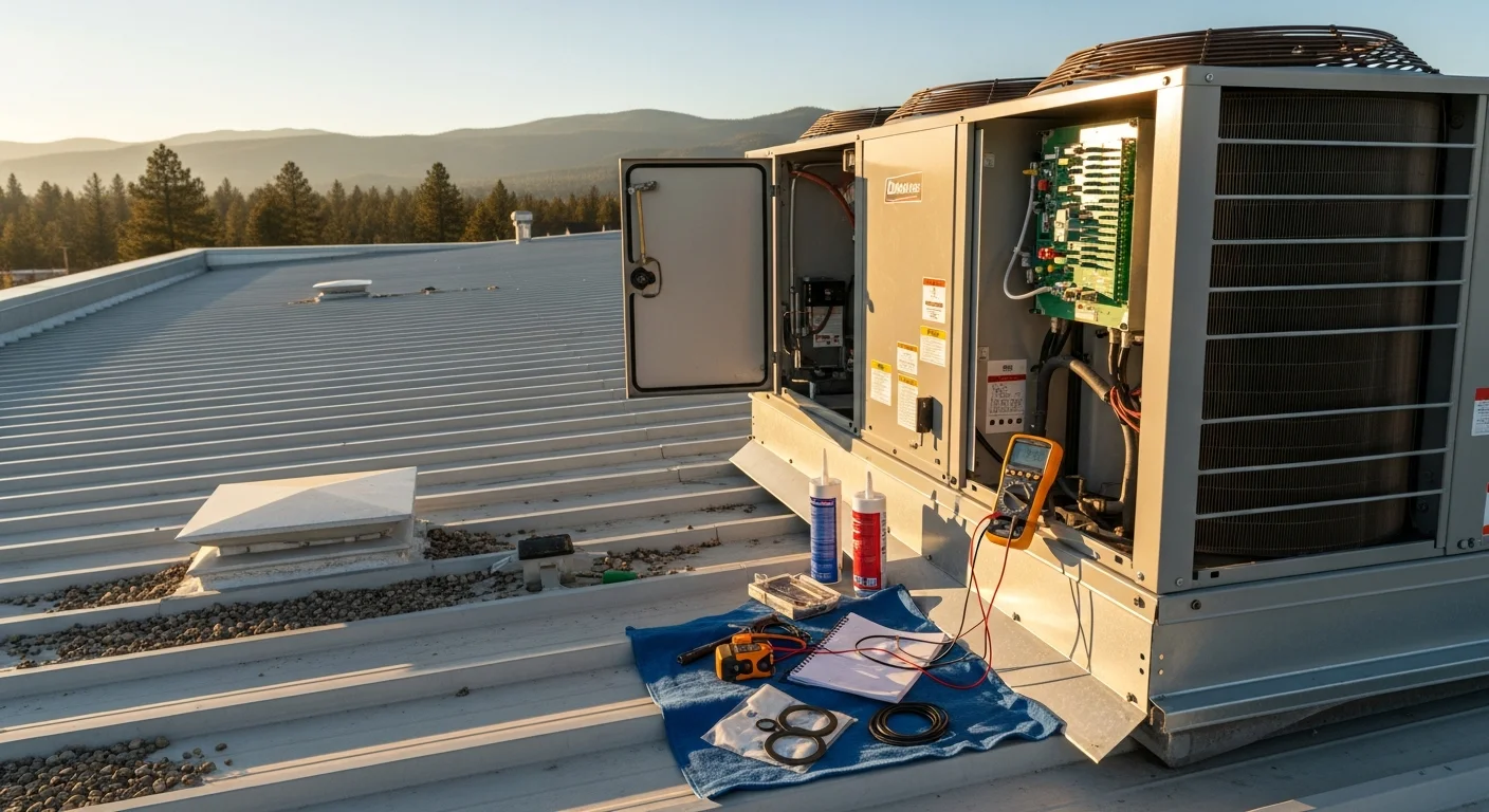 A commercial heating unit being inspected by a technician inside a business in Doyle, CA. The system is mounted in a utility area of a commercial building with snow-season conditions visible through a nearby window.