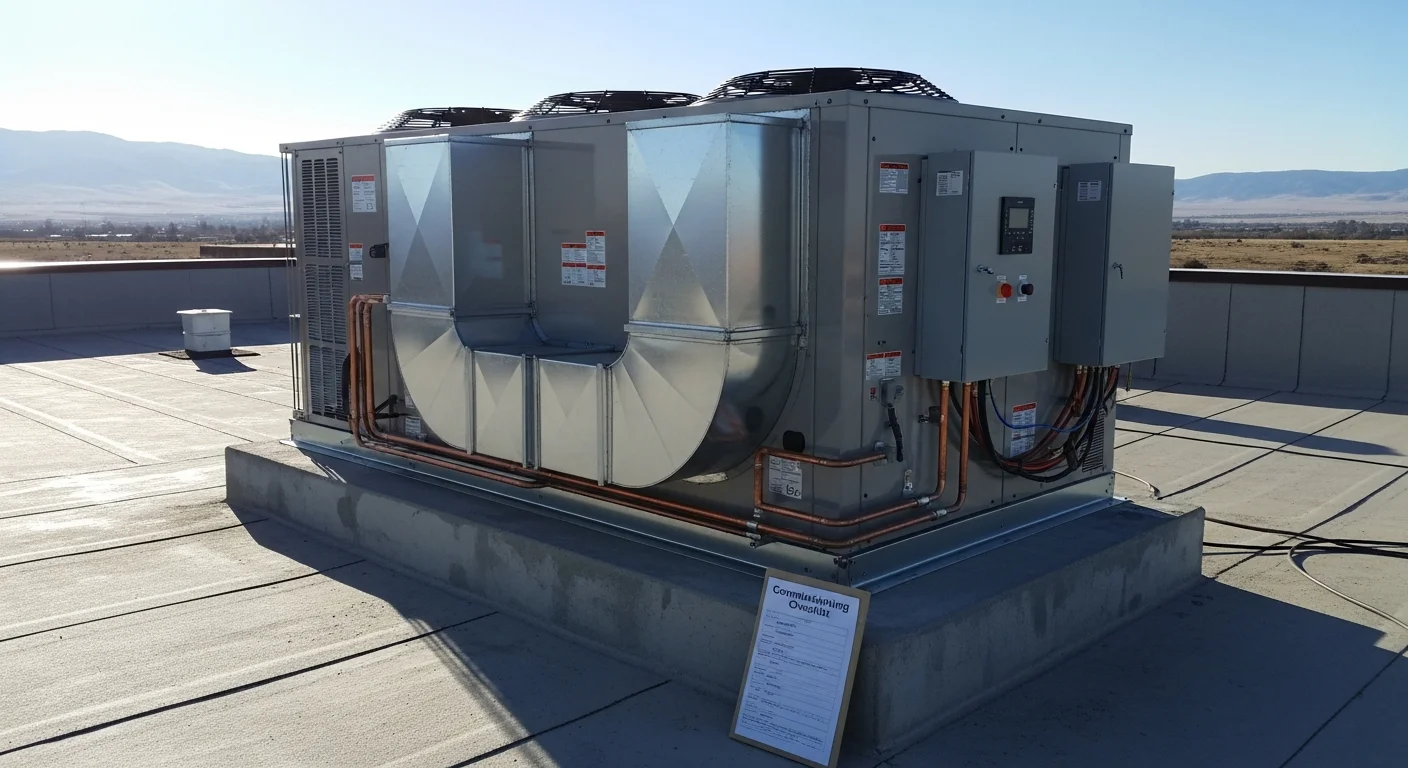 A commercial HVAC rooftop unit installed on a flat-roof building in Doyle, California, with the high-desert landscape of Lassen County visible in the background. A technician in work gear checks the unit connections during the final startup inspection.