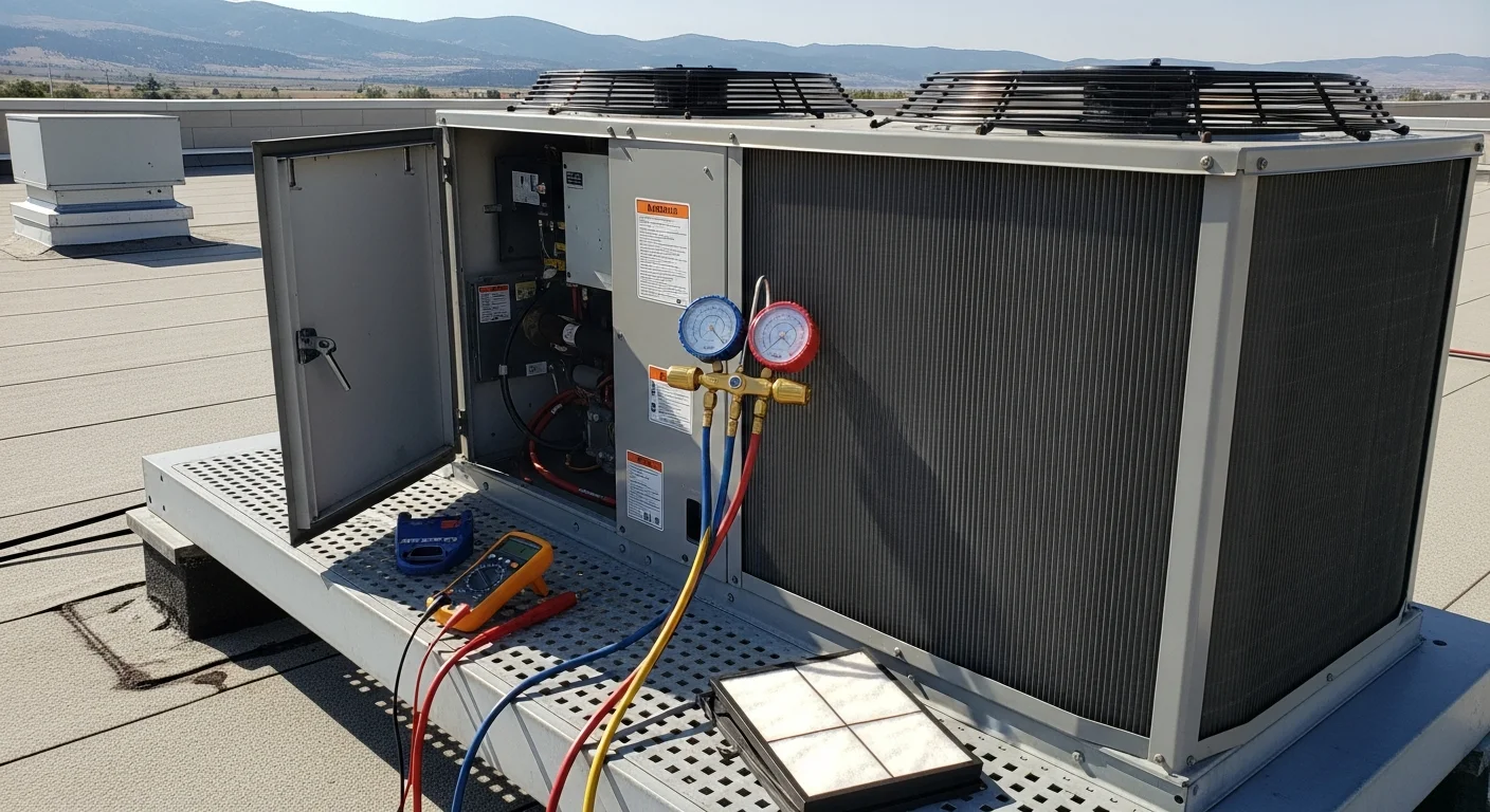 A commercial HVAC technician inspecting a rooftop package unit on a flat-roof building in Doyle, California, with the high-desert landscape of Lassen County visible in the background. The technician checks coil condition and filter housing during a scheduled maintenance visit.