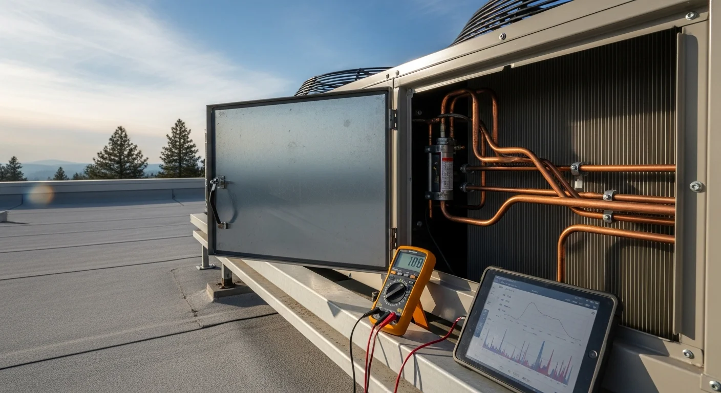 A commercial rooftop HVAC unit being inspected by a technician on a flat-roof building in Doyle, California, with the high desert landscape of Lassen County visible in the background. The technician is checking the condenser coil and electrical connections during a repair service call.