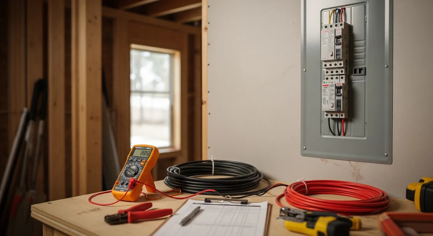 A licensed electrician from Advanced Comfort Control, Inc. installing a new residential electrical panel in a Doyle, California home. The updated breaker box shows clearly labeled circuits and a modern load center mounted on an interior wall.