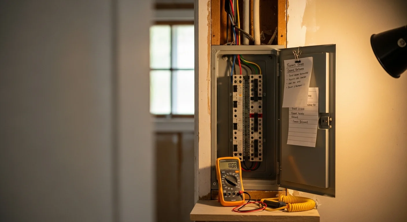 A licensed electrician from Advanced Comfort Control, Inc. inspecting a residential electrical panel inside a single-family home in Doyle, CA. The panel box is open, showing circuit breakers in a rural Lassen County property built in the 1990s.