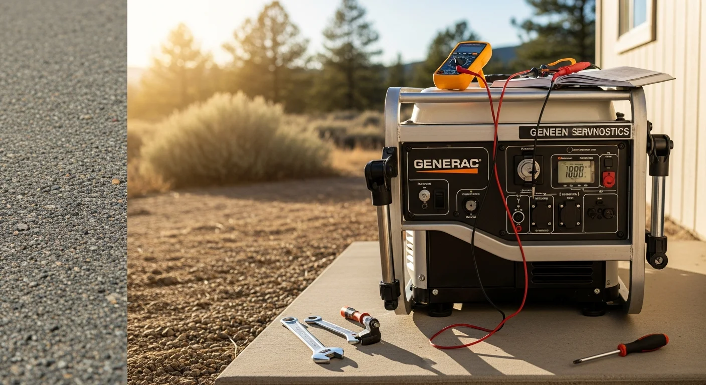 A licensed electrician from Advanced Comfort Control, Inc. inspecting the control panel and wiring of a Generac standby generator installed outside a residential property in Doyle, California. The rural Lassen County landscape is visible in the background.