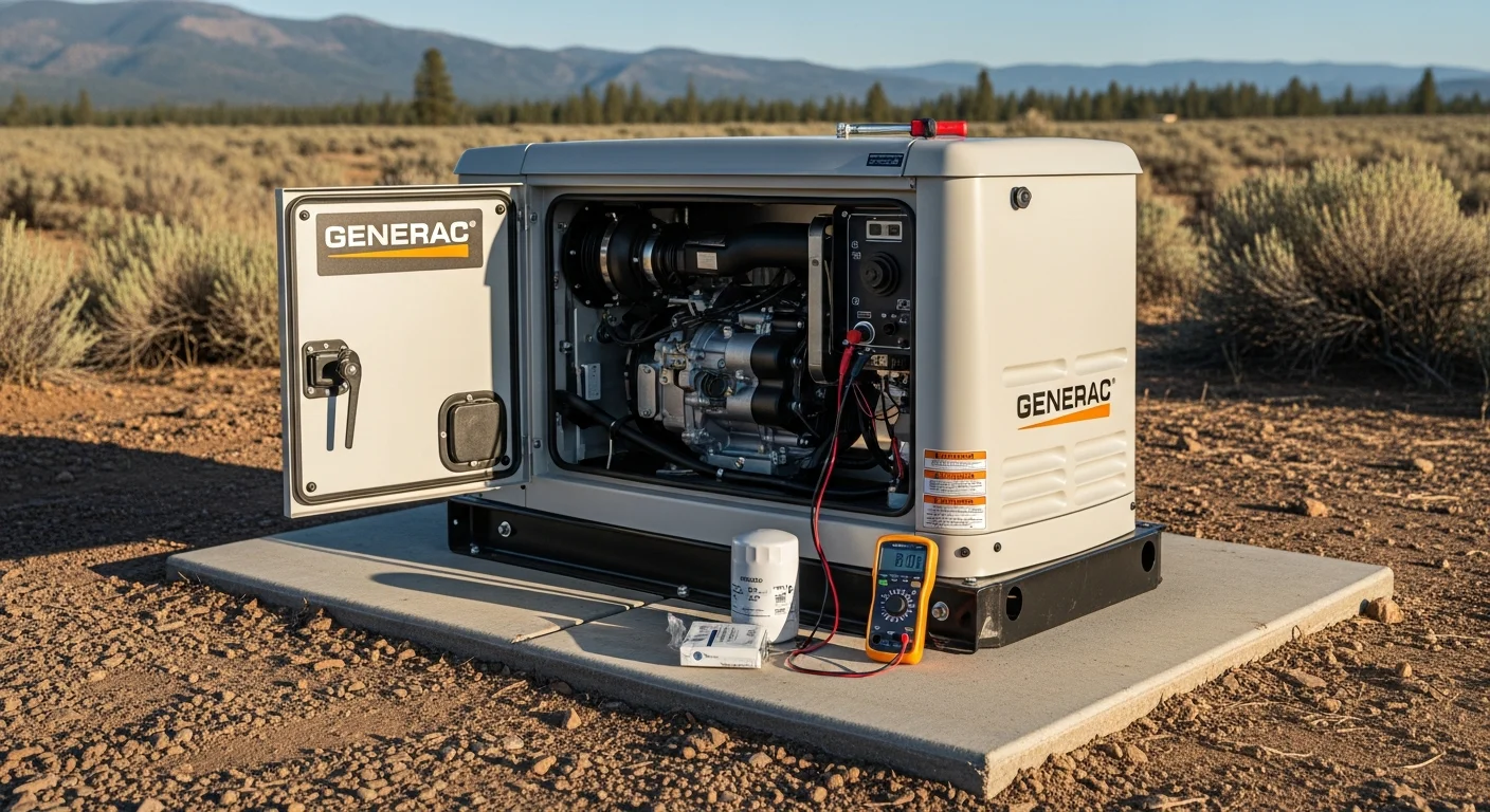 A licensed electrician from Advanced Comfort Control, Inc. inspecting a Generac standby generator installed beside a rural home in Doyle, California. The unit sits on a concrete pad with snow-dusted ground visible in the background, reflecting the high-elevation winter conditions common in Lassen County.