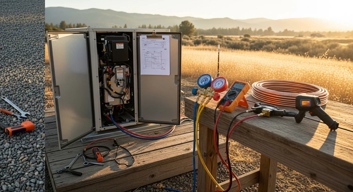 An HVAC technician inspecting an outdoor heat pump unit beside a single-family home in Doyle, California, with dry high-desert terrain visible in the background. The unit shows a completed service call with access panels open and tools staged nearby.
