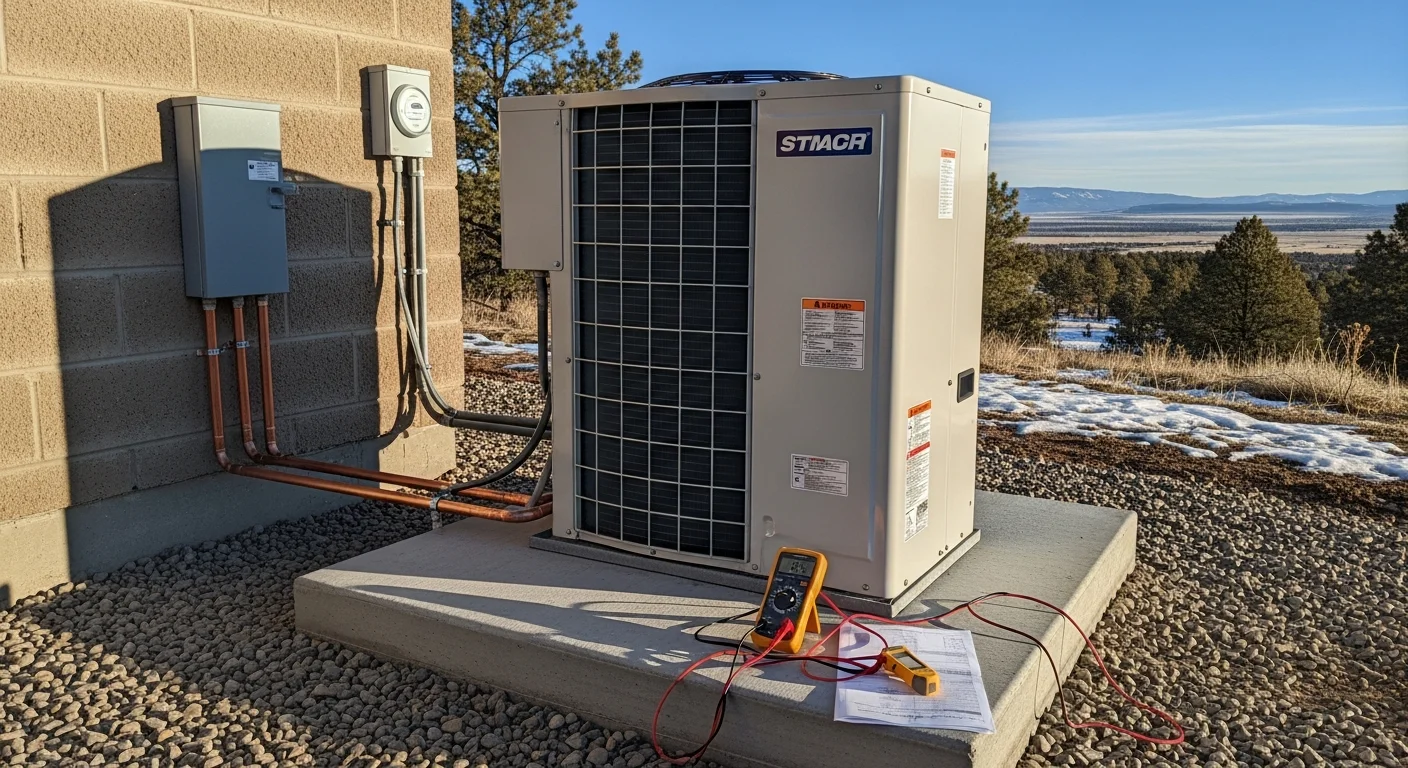 A newly installed heat pump outdoor unit mounted on a concrete pad beside a single-family home in Doyle, California, with dry high-desert terrain visible in the background. A technician from Advanced Comfort Control, Inc. checks the electrical connections on the unit after completing the replacement.