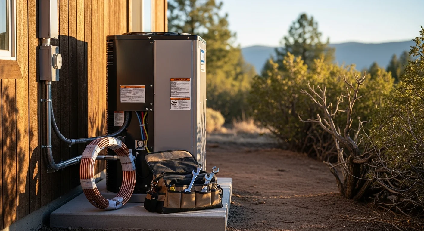A newly installed heat pump outdoor unit mounted on a concrete pad beside a single-family home in Doyle, California, with the high desert landscape visible in the background. A technician from Advanced Comfort Control, Inc. inspects the refrigerant lines during a system upgrade.
