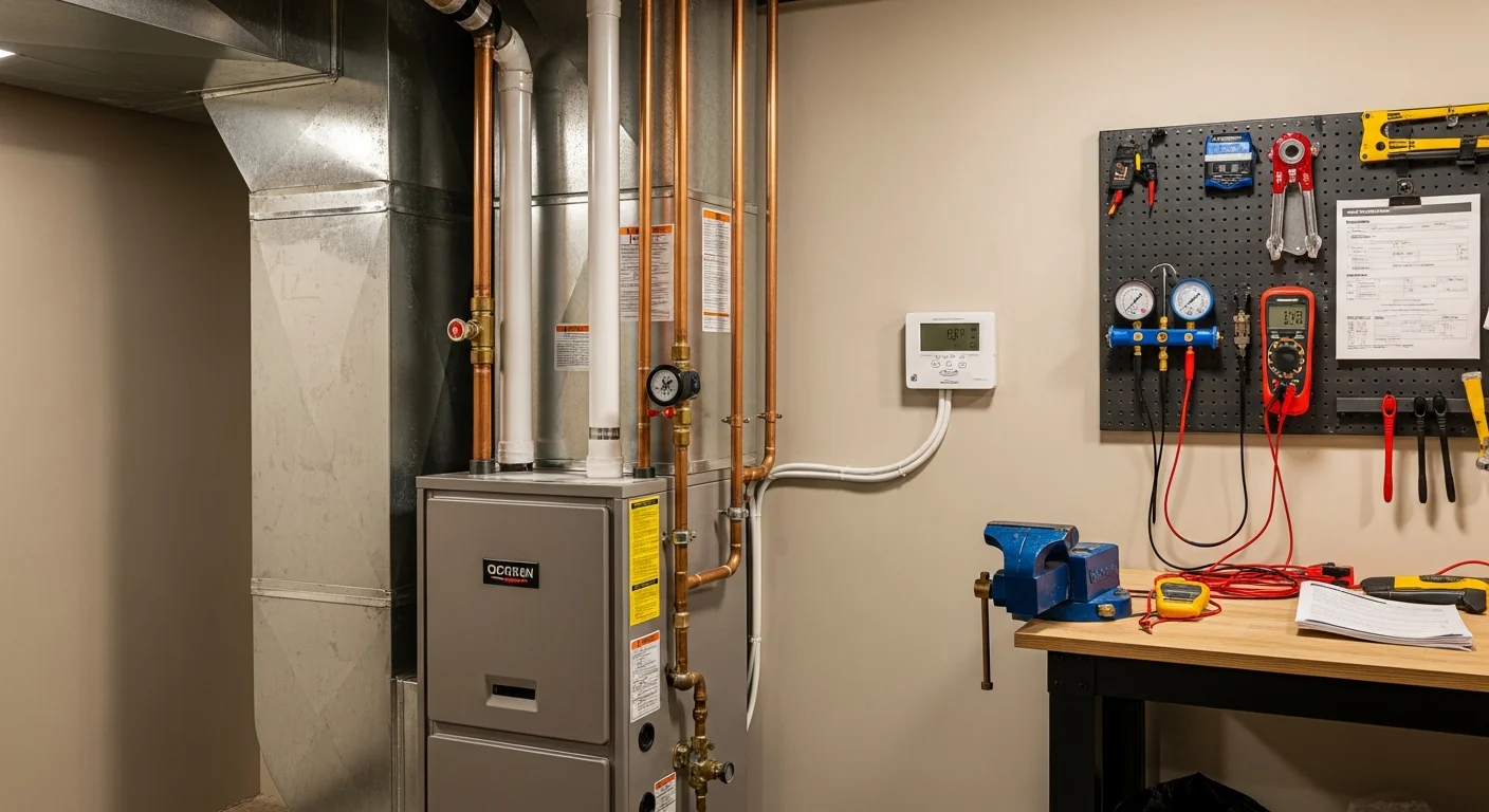An HVAC technician from Advanced Comfort Control, Inc. completing a heating system installation inside a single-family home in Doyle, CA. The technician connects and inspects the indoor heating unit in a utility area, with a snow-prone rural landscape visible through a nearby window.