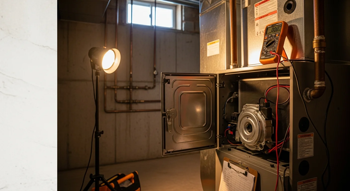An HVAC technician inspecting a residential furnace inside a single-family home in Doyle, CA. The technician checks internal components with a diagnostic tool during a heating system repair visit.