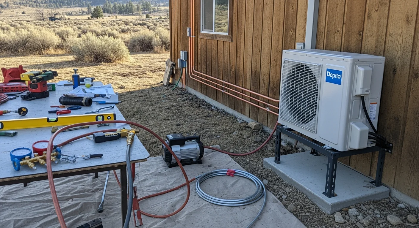 A wall-mounted mini split indoor air handler installed in a residential room in Doyle, California, with the outdoor condenser unit mounted on an exterior wall of a rural single-family home.