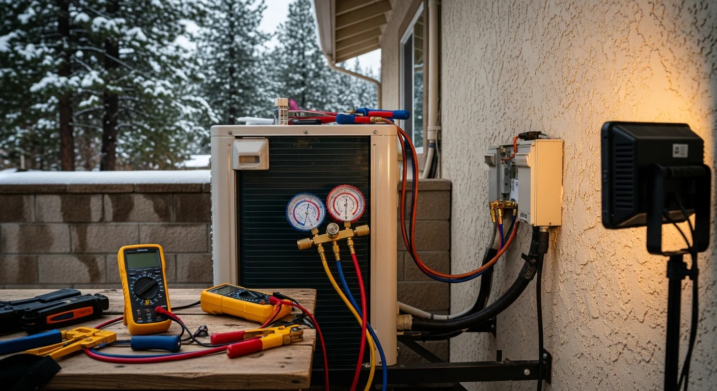An Advanced Comfort Control, Inc. technician inspecting the outdoor condenser unit of a ductless mini split system at a single-family home in Doyle, CA. Snow-dusted high desert terrain is visible in the background, showing the cold-climate conditions the system must handle.
